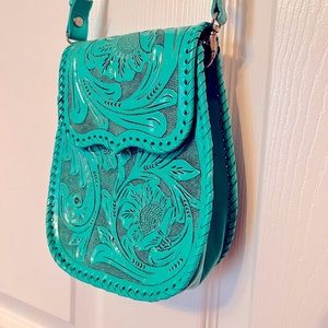 Turquoise hand tooled leather side bag